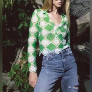 Zara Green and White Crochet Cardigan Sweater